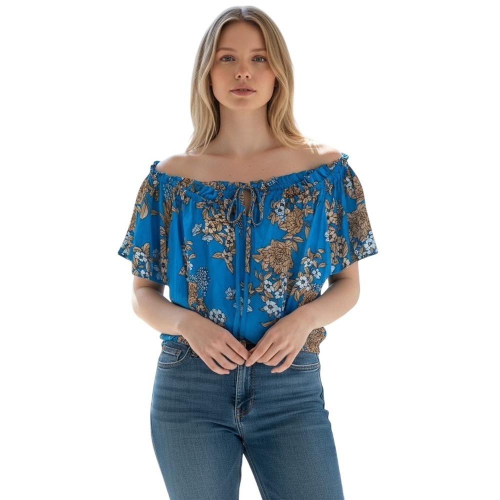 Torrid Blue Floral Gauze Off The Shoulder Crop Top‎ Smocked Hem Size 00 M/L 10